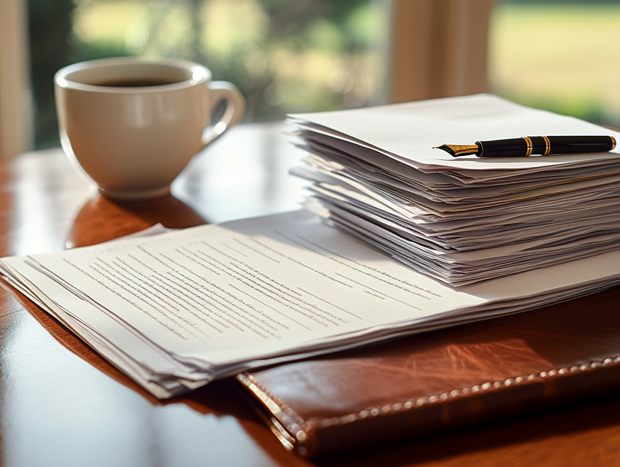 Organized stack of documents on a polished desk