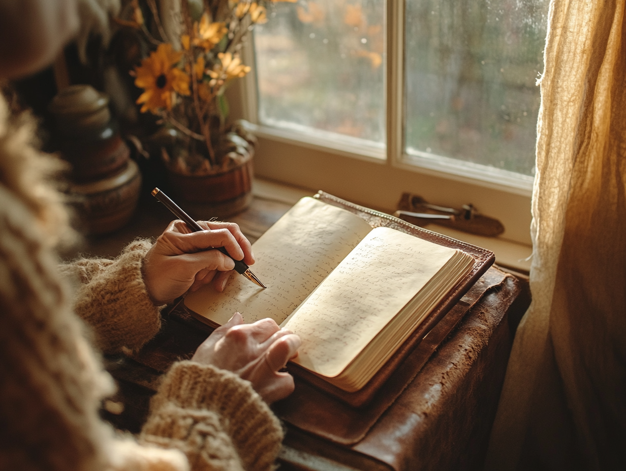 Person writing in leather journal
